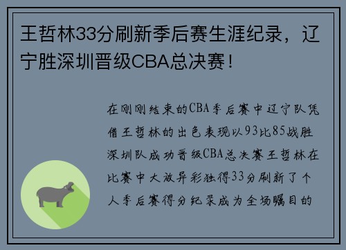 王哲林33分刷新季后赛生涯纪录，辽宁胜深圳晋级CBA总决赛！