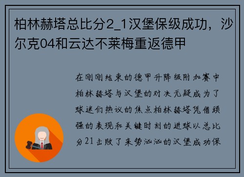 柏林赫塔总比分2_1汉堡保级成功，沙尔克04和云达不莱梅重返德甲