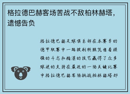 格拉德巴赫客场苦战不敌柏林赫塔，遗憾告负